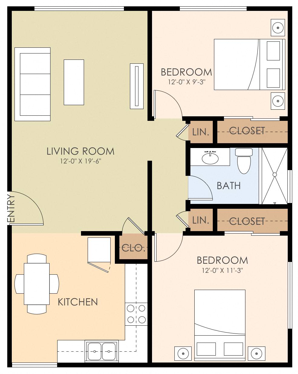 Floor plan for 2 beds, 1 bath, 758 sqft